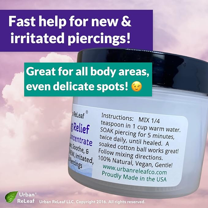 Urban ReLeaf PIERCING RELIEF Sea Salt Concentrate AFTERCARE ! Safely Clean, Soothe & Gently Calm New Irritated & Keloid Bump Piercings. Effective NON-iodized Dead Sea Salt, Tea Tree Rosemary