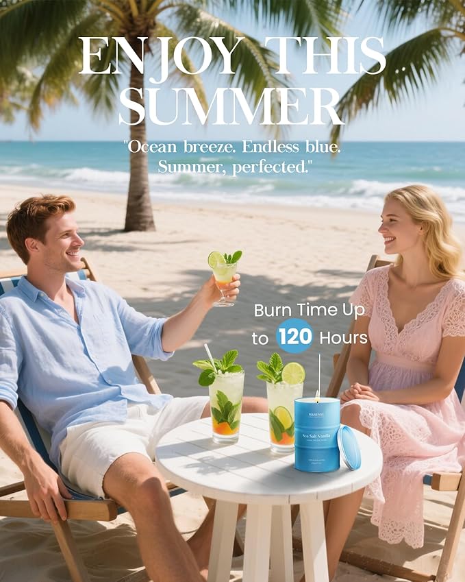 M&SENSE Summer Candles Large Beach Candle, Natural Soy Candles 21.2oz 120 Hour Slow Burning,Aromatherapy Candle for Stress Relief Meditation Relaxing