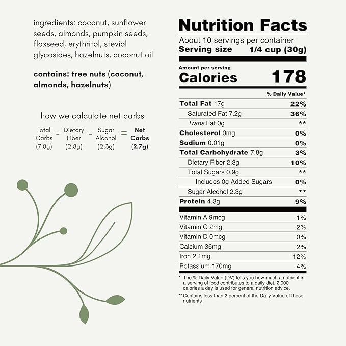 Keto Hana Keto Nut Granola (11oz), Coconut & Almond Plant Based- Low Carb, Low Calorie, High Protein (2g Net Carbs) (Pack of 2)