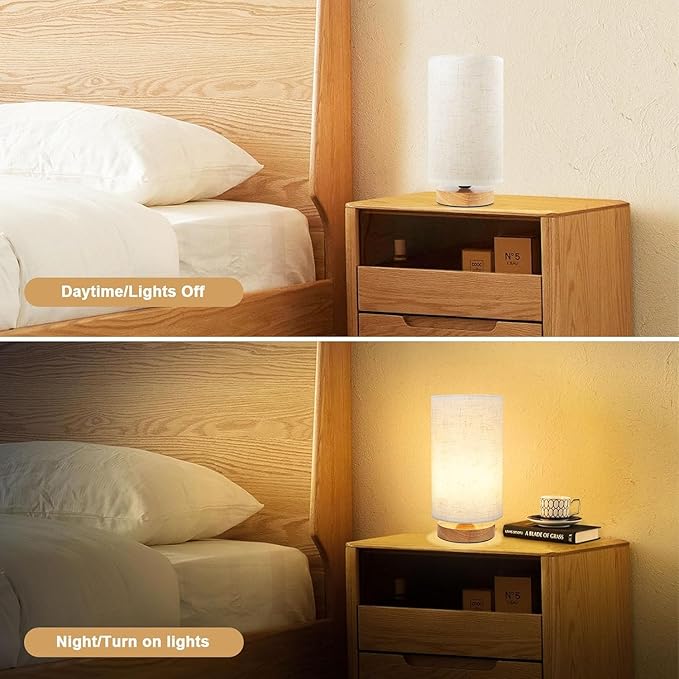 3-Color Adjustable Bedside Table Lamp for Bedroom,Minimalist Wood Base&Round Fabric Shade,Cozy Lighting Nightstand Boho Lamp,Study Reading Desk Night Stand Light for Living Room,Office,kitchen,Nursery