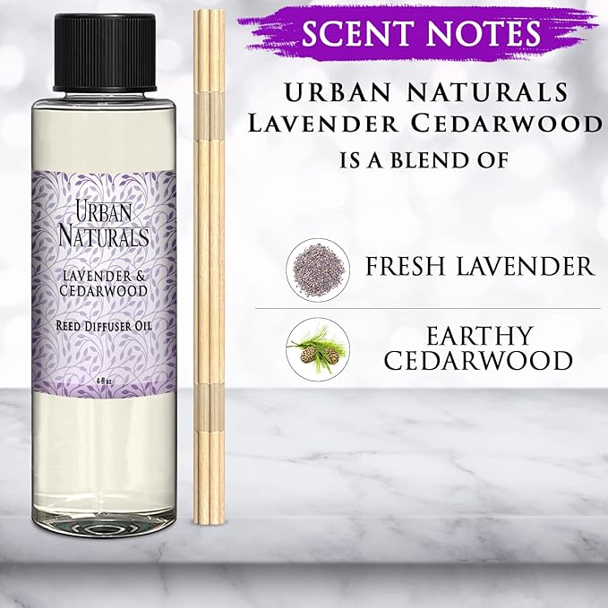 Urban Naturals Reed Diffuser Oil Refill Lavender Cedarwood, Lavender, Cedarwood, Herbal Aromatherapy Blend, 4 oz + Free Reed Sticks, Made in The USA