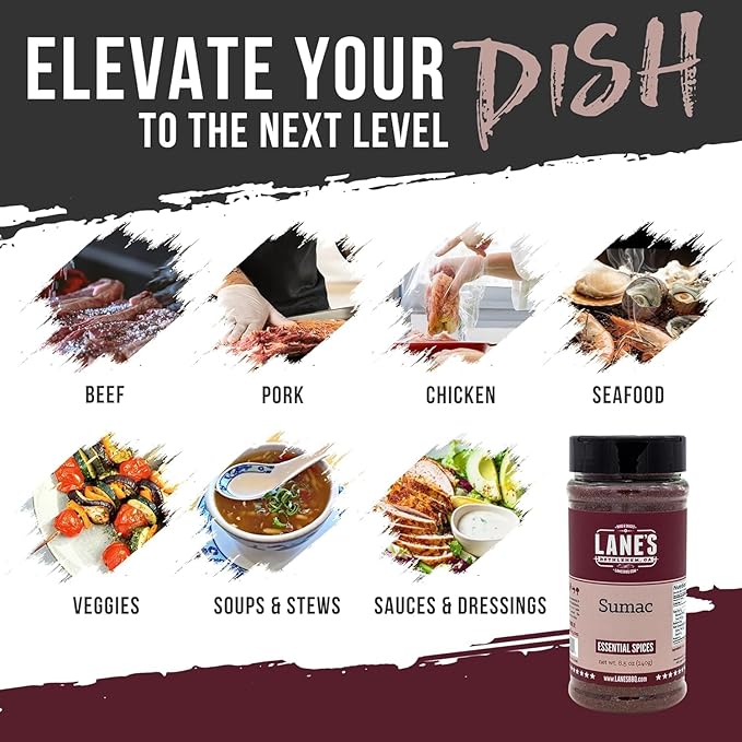 Lane's Ground Sumac Spice, 8.5 oz - Bold & Tangy Sumac Seasoning Powder, Gluten-Free, Authentic Middle Eastern & Mediterranean Spices, Perfect for Meats, Salads, Marinades & Zesty Recipes, Made in USA