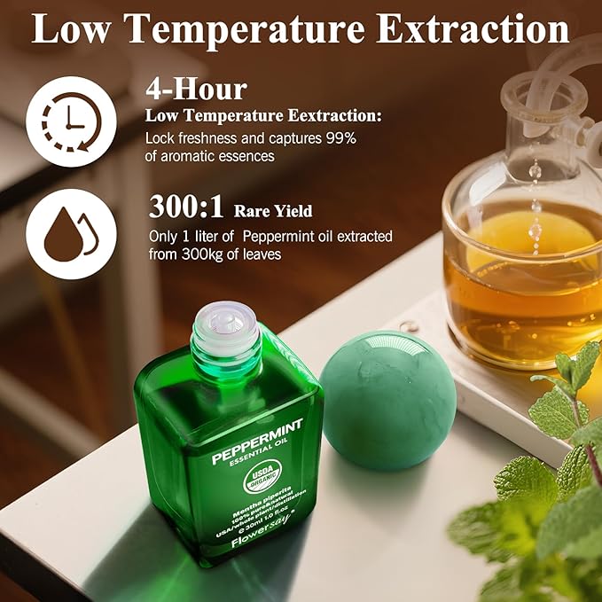 Flower Say Peppermint Essential Oil for Diffuser, USDA Organic Mint Oil for Hair Growth, 100% Pure Peppermint Oil for Skin, Aromatherapy, Candle Making & Garden Care-30ml