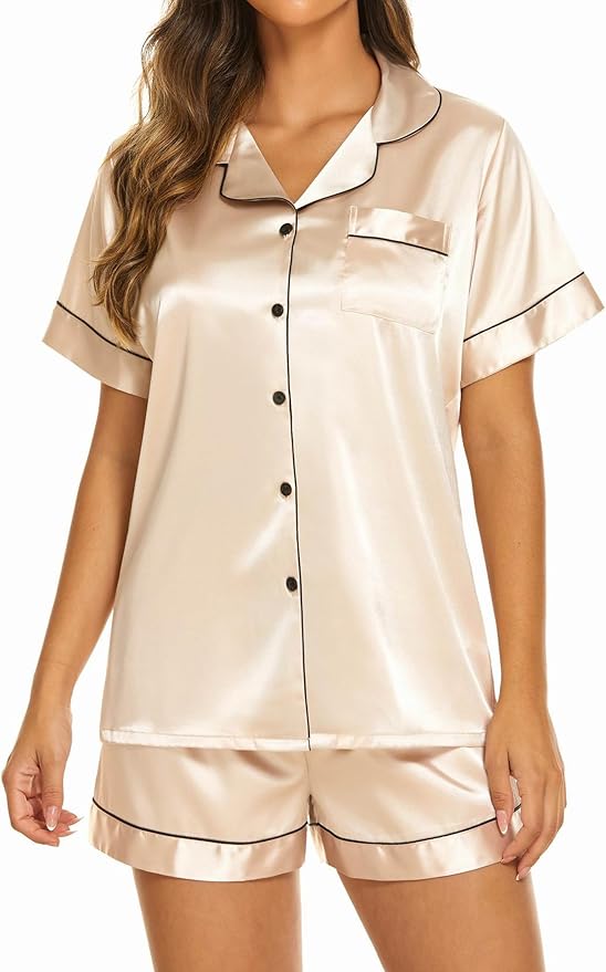 Ekouaer Silk Pajamas for Women Short Sleeve Sleepwear Soft Button Down Loungewear 2 Piece Satin Pjs Shorts Set S-XXL