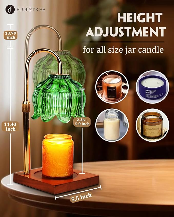 Candle Warmer Lamp with Timer Dimmable, Height Adjustable Birthday Gifts for Women Mom House Warming, Home Decor, Lotus Flower Candle Lamp Warmer 2 Bulbs Inc (Green)
