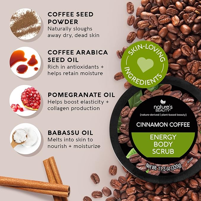 Nature's Beauty Cinnamon Coffee Energy Body Scrub Multi-Pack - Gently Exfoliate, Energize & Invigorate Dull Skin, Made w/Pomegranate & Babassu Oil + Coffee Seed Powder, 11.3 oz (2 Pack)