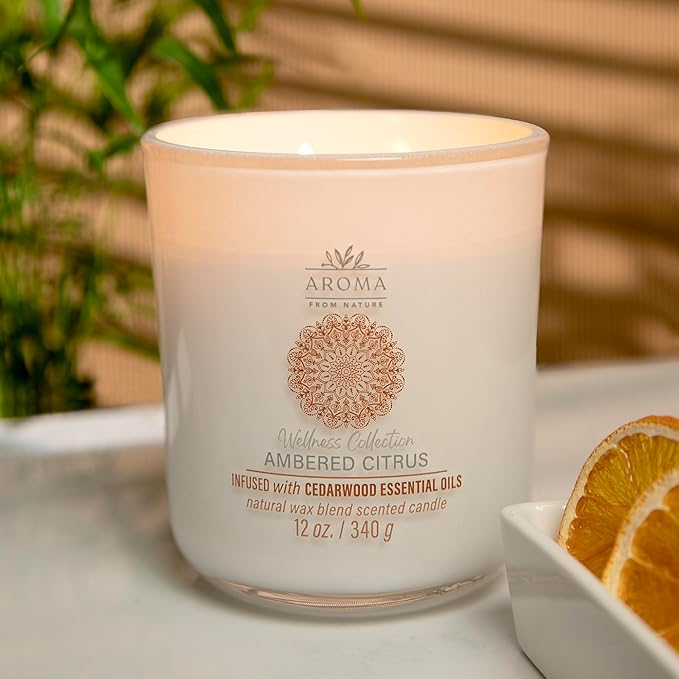 Aroma from Nature Wellness Collection Candle, 12 oz, 2 Cotton Wicks, Ambered Citrus, Large Painted Jar