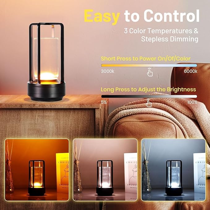 Crystal Lantern Light, Czgor Battery Operated Rechargeable Cordless Crystal Table Lantern Lamp with 3-Color, Portable Small LED Desk Lamp for Indoor/Outdoor Patio Camping Bedroom Bar Restaurant(Black)