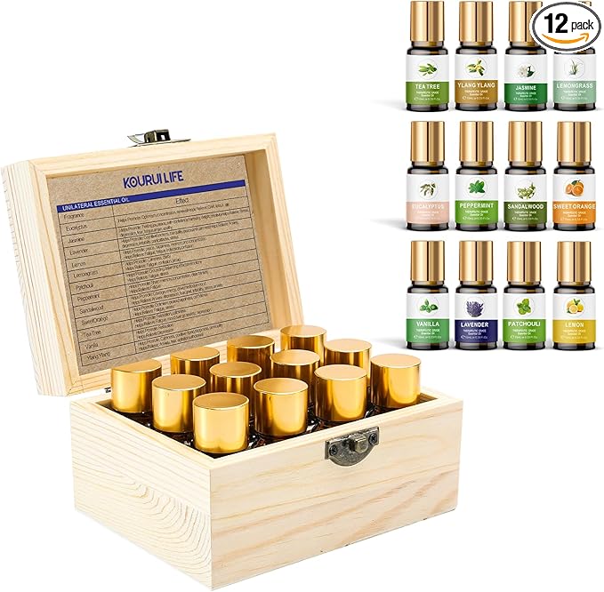 Essential Oils Set for Diffuser, 100% Natural Aromatherapy Essential Oils,12 Single Oils: Lavender, Peppermint & More, Wood Box Gift Set, 10 mL (1/3 oz), for Home Diffusers, Candle
