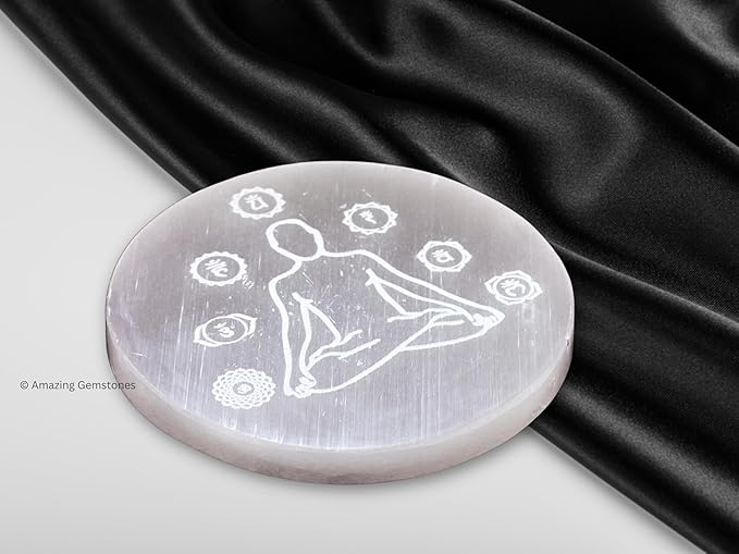 Amazing Gemstone Selenite Crystal Charging Plate For Crystals And Healing Stones, 3" Selenite Crystal Plate Engraved Buddha Coaster For Home, Office Table Decor (Selenite Round Disc)
