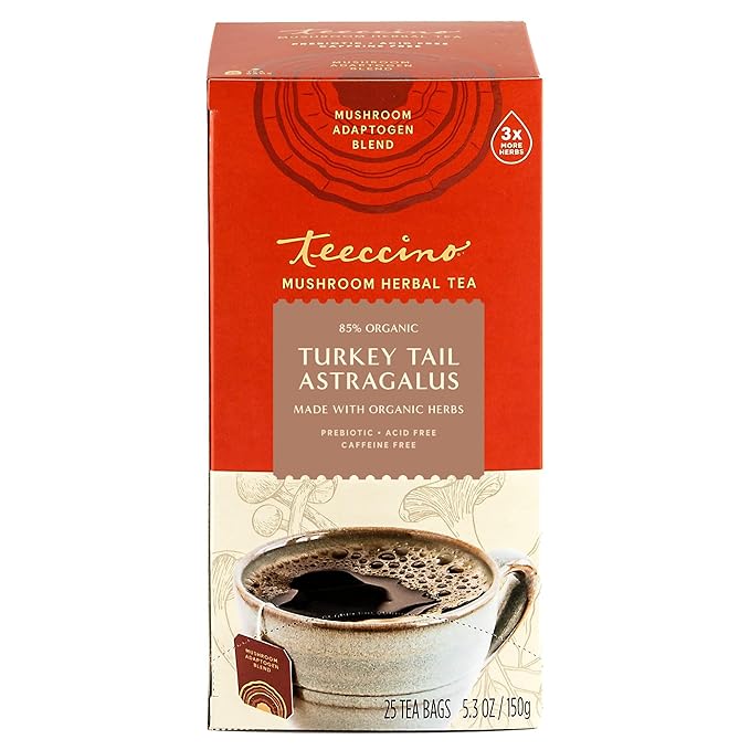 Teeccino Mushroom Herbal Tea - Turkey Tail Astragalus Toasted Maple - Caffeine Free, Prebiotic, 3x More Herbs - 25 Tea Bags, Pack of 3