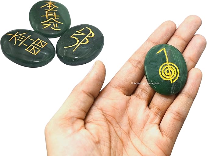Amazing Gemstone Green Aventurine Crystal Reiki Stones with Engraved Symbols for Usui Reiki Healing, Set of 4 Pcs (Indian Handmade Reiki Gift Set)