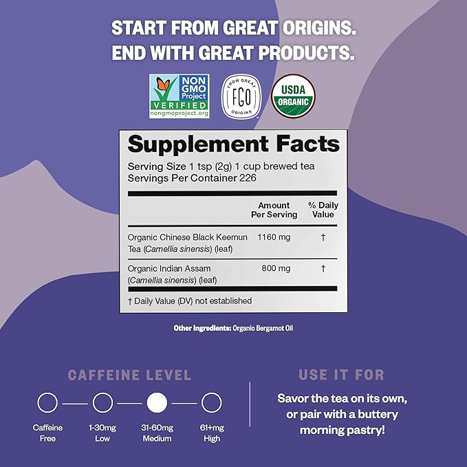 FGO Organic Earl Grey Black Tea, 16 Ounce Loose Leaf Bulk Resealable Bag, 16oz, Packaging May Vary (Pack of 1)