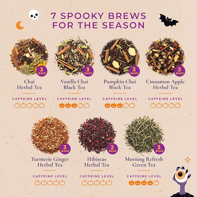 Gya Tea Co Halloween Assorted Tea Bags Variety Pack - 20 Bags 7 Seasonal Flavors - Caffeinated & Caffeine Free Holiday Tea Sampler Gift Set Box - Easy Brew, Natural Ingredients, Enjoy Hot or Iced
