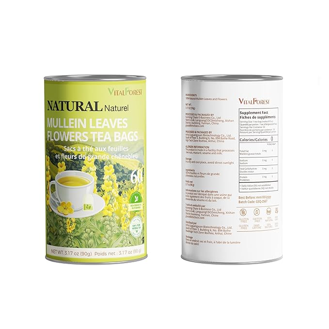 60 Mullein Leaf Tea Bags for Lungs, VitalForest 100% Pure Mullein Mullins Detox Tea, Lung Cleanse Tea for Smokers Breathe Deep and Respiratory Support, Caffeine Free Mullen Mullin
