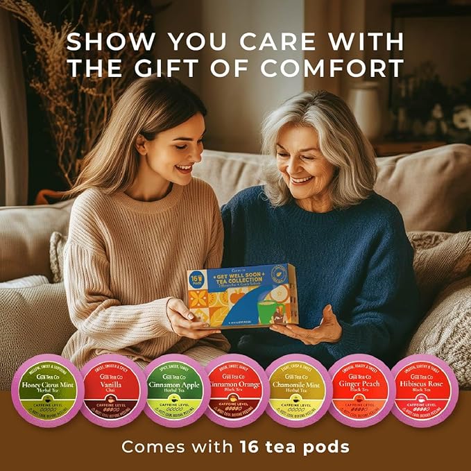 Gya Tea Co Get Well Soon Collection Tea Gift Set (16 ct) - 7 Flavors Assorted Tea Pod Variety Pack with Hibiscus Rose, Cinnamon & Ginger Peach
