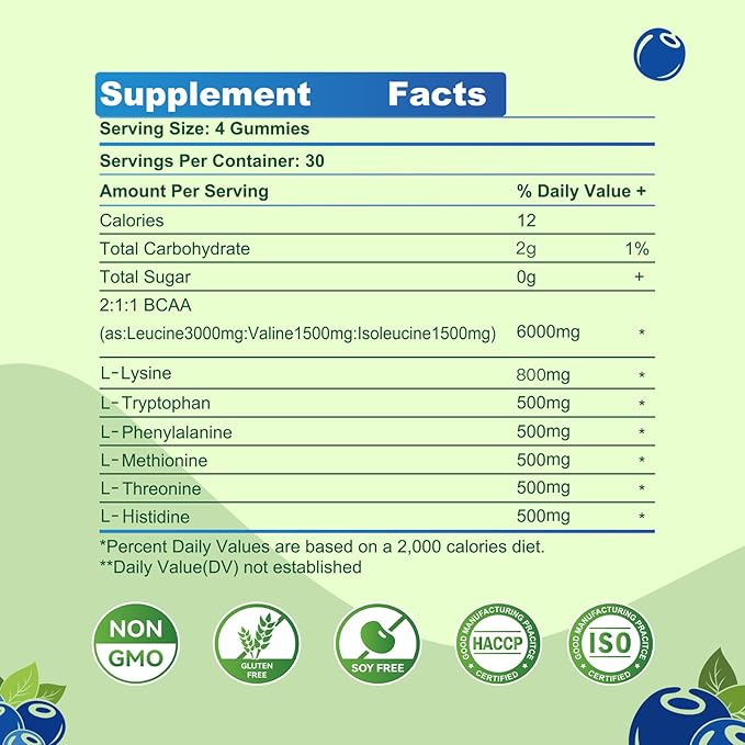 EAA Gummies 120 Gummies (Blueberry), 9000 mg Essential Amino Acids - All 9 Essential Aminos (EAA) and All Branched-Chain Aminos (BCAAs), Non-GMO, Gluten Free, Vegetarian Friendly