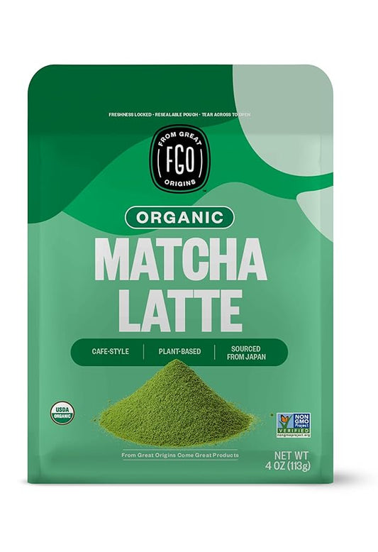 FGO Organic Matcha Latte Powder, 16 Ounce Bulk Resealable Bag, Japanese Matcha with Organic Cane Sugar, Lightly Sweetened, Packaging May Vary (Pack of 1)