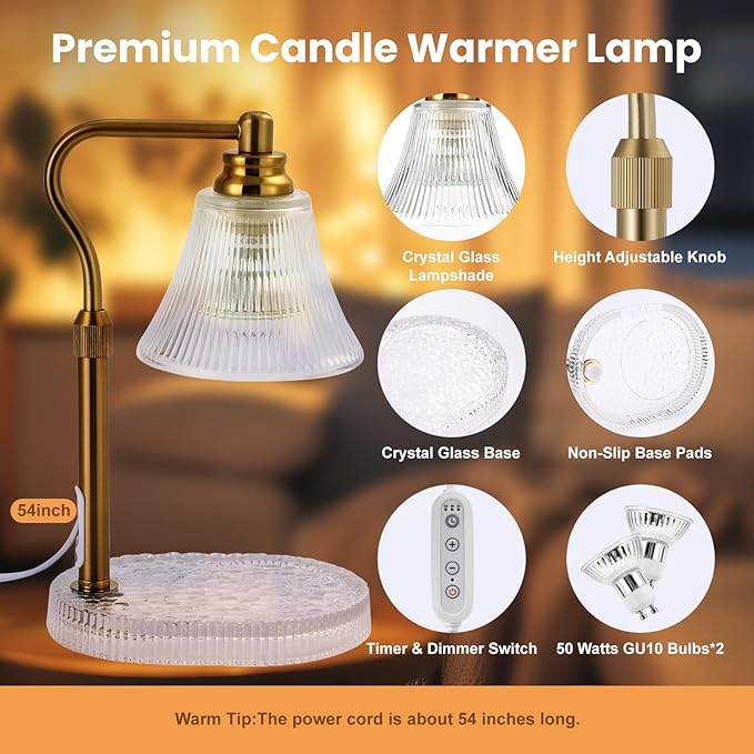 Lamp Candle Warmer for Jar Candles,Flower Candle Warmers Lamp with Timer Dimmer,Glass Base Adjustable Height Gold Electric Candle Lamps for Scented Wax Jar Candles,Glass Lampshade
