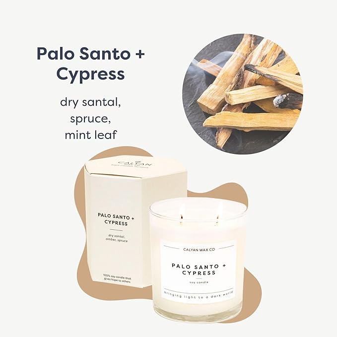 Calyan Wax Co. 2 Wick Candle, Palo Santo + Cypress Scented Candle, 37 Hour Burn Time, Aromatherapy Soy Candles, Non Toxic & Vegan Soy Wax, Glass Tumbler Scented Candles, 12.5oz