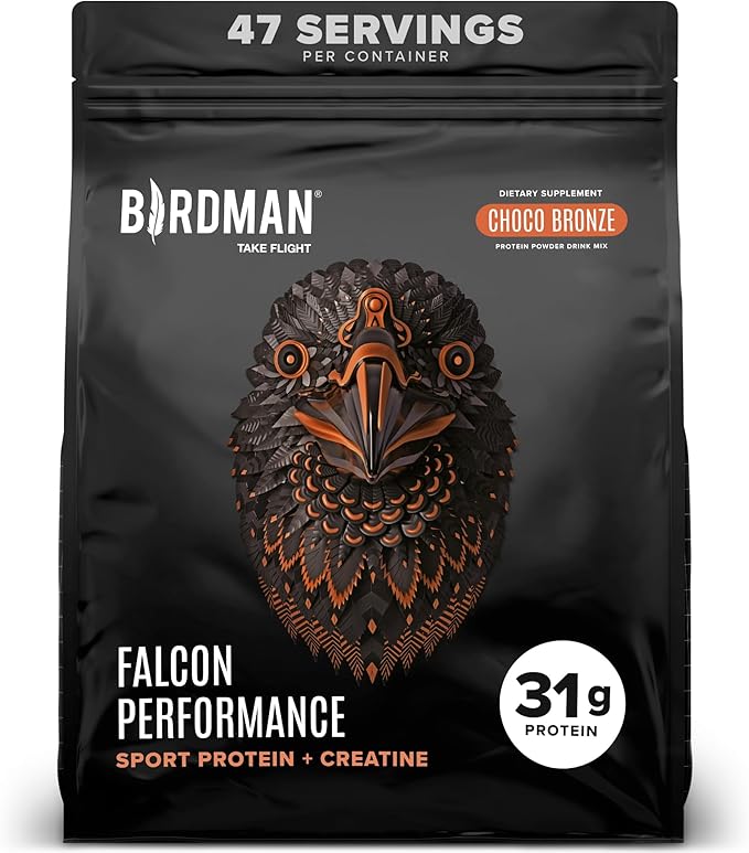 Birdman Falcon Performance Vegan Protein Powder, 31g Protein, 5g Creatine, 5g BCAA, Probiotics, Electrolytes, Pre Workout, Low Carb, Sugar Free & Dairy Free, Plant Based Chocolate Protein -47 servings