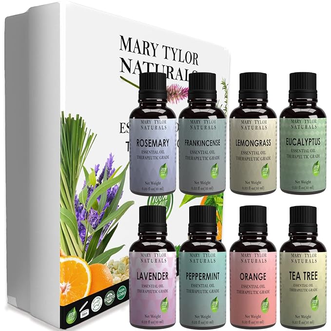 Essential Oils Set, Top 8 x 10 ml Each, Lavender Peppermint Orange Lemongrass Rosemary Eucalyptus Tea Tree Frankincense Therapeutic Grade, for Aromatherapy, Diffuser, DIY by Mary Tylor Naturals