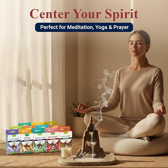 Tulasi Backflow Incense Cones with Natural Oils, Scents Set of 12 Fragrances (120 Cones) Calming Home Aromatherapy, Yoga, Meditation, Relaxing, Mixed Scents with Natural Oils, Thanks Giving