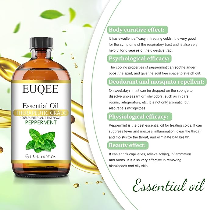 EUQEE Peppermint Essential Oil 118 ml Pure Peppermint Oil with Glass Dropper, Great for Aromatherapy, Diffuser, Soap Candle Making - 4Fl. Oz