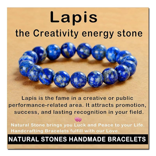 AD Beads Handmade Gemstone Stretch Elastic Bracelet Crystal Healing Reiki Nature's Beauty and Spiritual Essence Unisex (10mm, Lapis Lazuli)