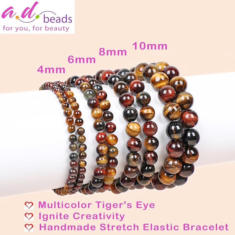 AD Beads Handmade Gemstone Stretch Elastic Bracelet Crystal Healing Reiki Nature's Beauty and Spiritual Essence Unisex (10mm, Multicolor Tiger's Eye (Ignite Creativity))