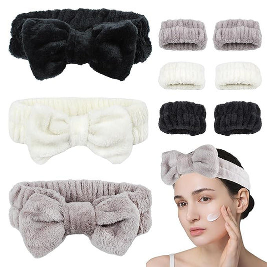 9 Pcs Coral Fleece Spa Headband and Wristband Set Fuzzy Skincare Hairbands Stretchy Wrist Wash Bands for Washing Face Make Up Women