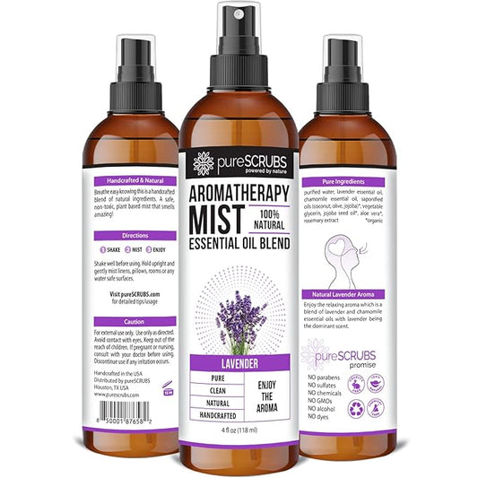 Shake, Mist & Enjoy - pureSCRUBS Premium Lavender Aromatherapy Spray Mist for Room, Body, Linens, Pillows 100% Natural Essential Oils Plant Based Formula, One 4oz Bottle