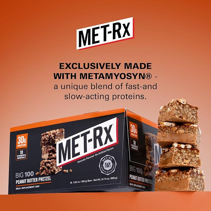 MET-Rx Big 100 Colossal Protein Bars, Great as Healthy Meal Replacement, Snack, and Help Support Energy, Peanut Butter Pretzel, With Vitamin A, Vitamin C, and Zinc, 100 g, (Pack of 9)