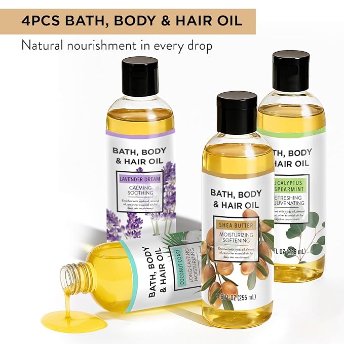 Bath Oil Body Oil with Shea Butter, Lavender, Eucalyptus Mint, Coconut Scent Bath Oils, Mother's Day Gifts for Women, 25.8 fl oz (Pack of 4)