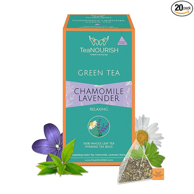 TeaNOURISH Chamomile Lavender Green Tea | 20 Count Pyramid Tea Bags | Whole Leaf Tea | Calming & Relaxing Chamomile Sleep Tea | Bedtime Tea | 100% NATURAL INFUSION
