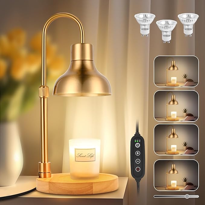 Candle Warmer Lamp with Timer & 3 Bulbs, Dimmable Electric Candle Light Adjustable Height and Brightness Candle Wax Warmer for Jar Candles Bedroom Home Decor House Warming Gift (Gold)