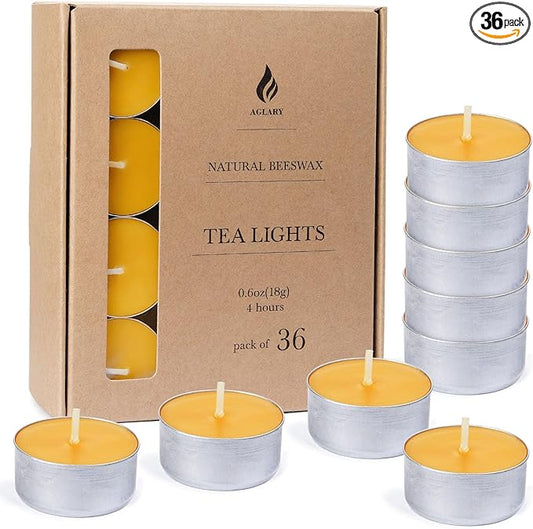 36-Pack Pure Beeswax Tealight Candles in Aluminum Cups - 4-5 Hour Burn Time, Lead-Free Cotton Wick, Natural Unscented Candles