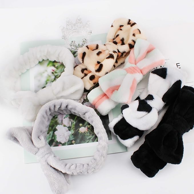 Casoty 6 Pcs Skincare Headband Bow Hair Band Spa Headband for Women Soft Coral Fleece Headbands for Washing Face Terry Cloth Head Band Makeup Head Band Face Wash Headbands