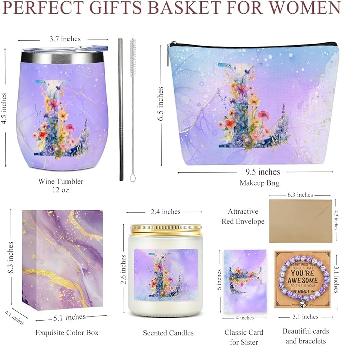 Personalized Gifts Monogrammed Birthday Gifts for Women, Mama New Mom Thanksgiving Wedding Christmas Initial Wine Tumbler Makeup Bag Scented Candle Bracelet Set, (Aesthetic Purple Flower L)