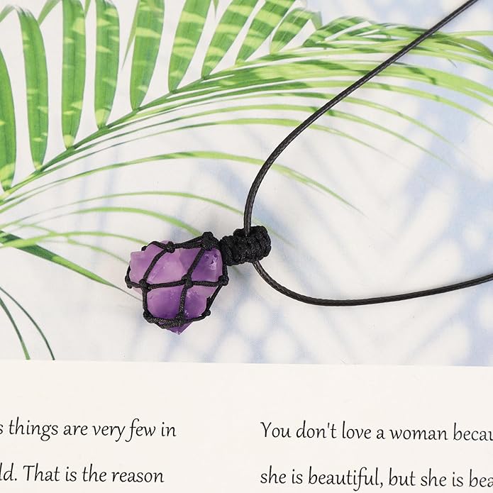 Handmade Natural Gemstone Crystal Pendant Necklace Stone Holder Necklace Cord Net Necklace with Adjustable Length for Women Men