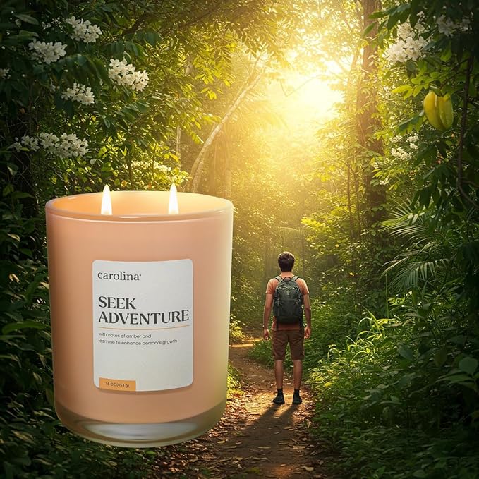 Carolina Seek Adventure Scented Candle, 16 oz Amber & Jasmine Scented, 2 Wick Wellness Relaxing Candle, 60H Burn Time, Ideal for Creating a Welcoming Home - Made in The USA