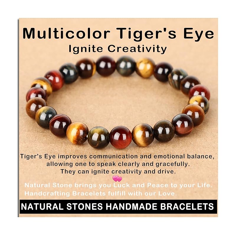 AD Beads Handmade Gemstone Stretch Elastic Bracelet Crystal Healing Reiki Nature's Beauty and Spiritual Essence Unisex (8mm, Multicolor Tiger's Eye (Ignite Creativity))