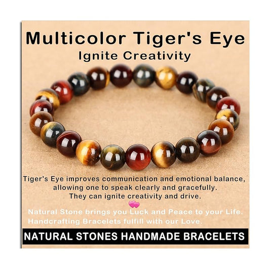 AD Beads Handmade Gemstone Stretch Elastic Bracelet Crystal Healing Reiki Nature's Beauty and Spiritual Essence Unisex (8mm, Multicolor Tiger's Eye (Ignite Creativity))