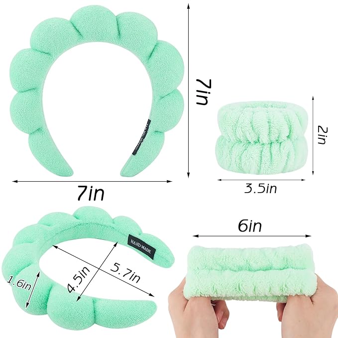 Zkptops Spa Headband for Washing Face Wristband Set Sponge Makeup Skincare Headband Wrist Towels Bubble Soft Hairband for Women Puffy Headwear Winter Non Slip Thick Thin Hair Accessory(Light Green-3)