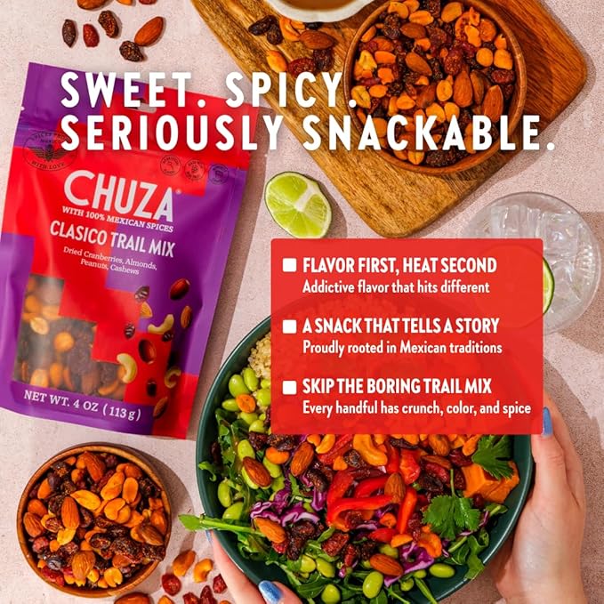 CHUZA Clasico Trail Mix – Semi Spicy Sweet Snack with 100% Mexican Spices – Dried Cranberries, Almonds, Peanuts & Cashews – High Protein, Gluten-Free – 4 oz