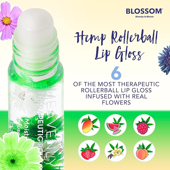 Blossom Roll on Lip Gloss, Scented Clear High Shine Moisturizing Lip Oil, Non Sticky, Infused with Real Flowers, Made in USA, 0.2oz, Vanilla Hemp