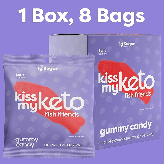Kiss My Keto Sugar Free Gummies, Gummy Fish 12-Pack – Satisfy Cravings while Staying in Ketosis – High Fiber, 2g Net Carbs, Non-GMO, Vegan, & No Gluten – Calorie-Friendly Vegan Candy