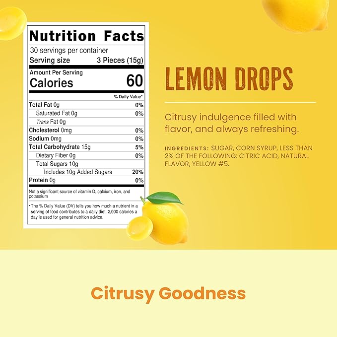 Cambie Lemon Drops Hard Candy - 1 Pound of Classic Lemon Candy for a Refreshing Citrus Experience - For Snacking, After-Dinner, Parties and Gifting - 1 lb Bulk Package