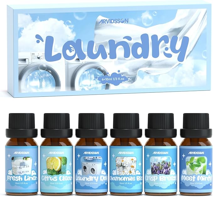 Laundry Collection Essential Oil Set, ARVIDSSON Natural Clean Fragrance Oil for Diffuser, Aromatherapy Oil Gift Set Includes Fresh Linen, Citrus Clean, Chamomile Bliss, Crisp Breeze, Minty