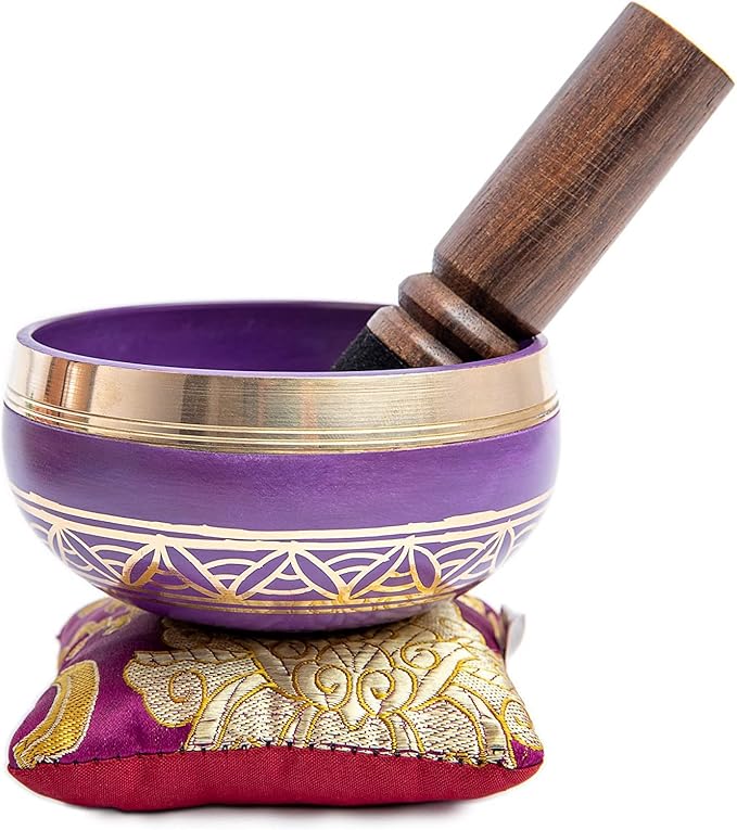 Tibetan Singing Bowl Set - Authentic Handcrafted Mindfulness Meditation Holistic Sound 7 Chakra Healing Gift by Himalayan Bazaar (Purple-Magenta)